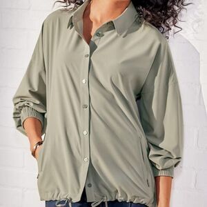Soft Surroundings Sage Green Button Down Collared Cinched Waist Shirt Size Small